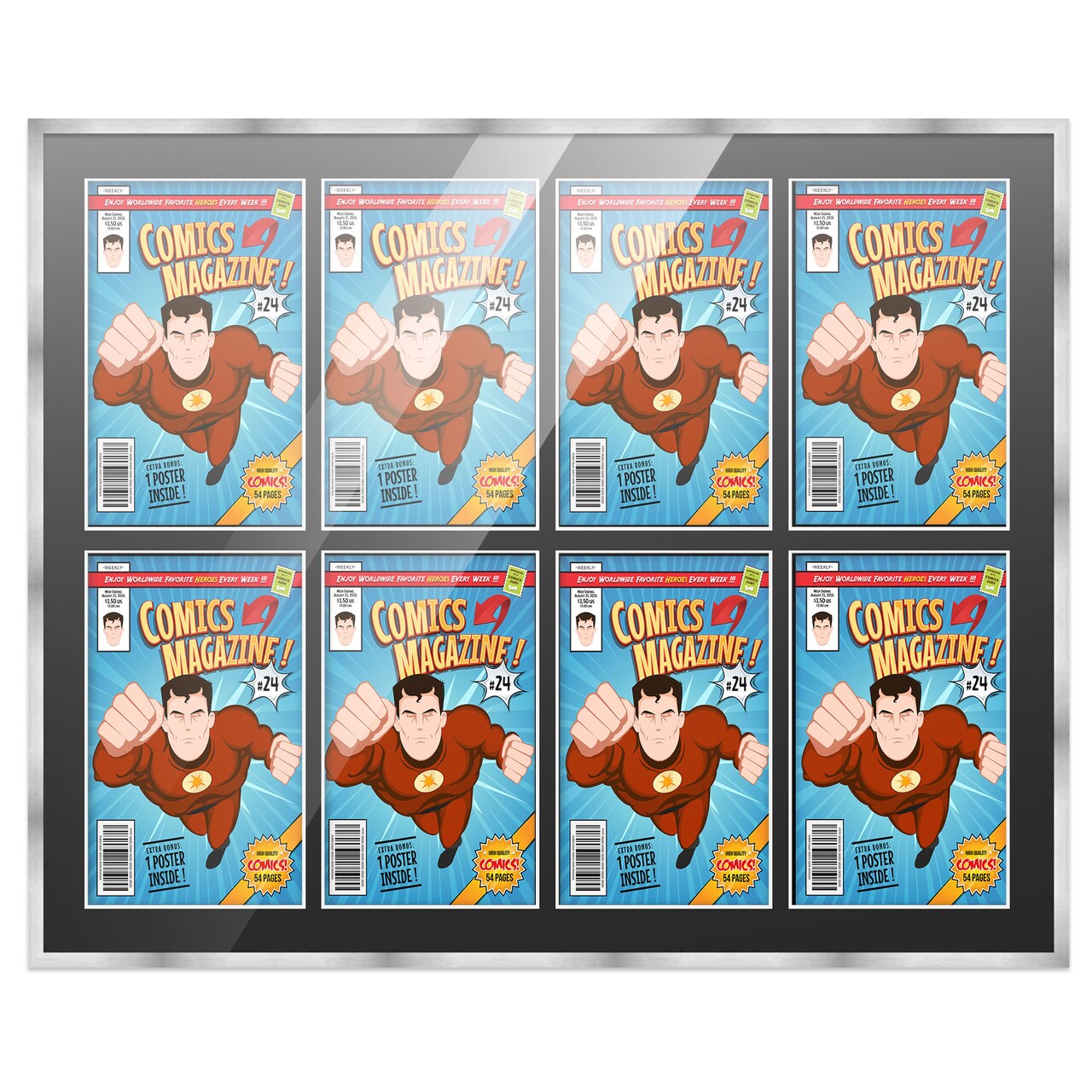 Comic Book Frame with Mat for 8 Current Era Comics Published After 1985 - Silver Wood Comic Frame With Black Mat for 6.875x10.5 Comics - 37.5x26.5 Frame Size